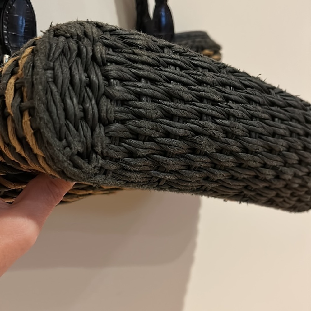 ✨ BRIGHTON ✨ Vintage Raffia Weave Straw Leather Trim Black/Brown Bucket Bag - Picture 8 of 16
